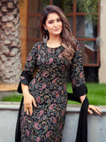 Sanisa Women'S Crepe Printed Straight Kurta With Pant And Fabric Lace Work Dupatta (100Kbd1095Nz-Xxl_Black & Multi)