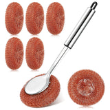 Acellegic 5 Pcs Copper Coated Scourers Copper Scrubbing Pads Scouring Pads 1 PC Steel Wool Scrubber Dish Brush Set with Handle D