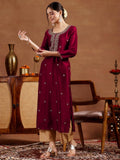 Libas Women'S Silk Embroidered Straight Kurta (58141Or_Maroon Maroon Xl
