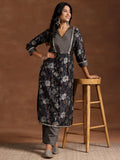 Libas Womens Printed Silk Blend Straight Kurta With Trousers Teal Blue Xl