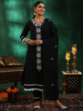 Libas Womens Embroidered Cotton Straight Kurta With Trousers And Dupatta Black Xl