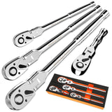 PRIDE&CRAFT 4-Piece Flex Head Ratchet Set, 1/4 , 3/8 , 1/2 Drive, 3/8 Stubby, 72-Tooth, Socket Wrench Quick Release Reversible