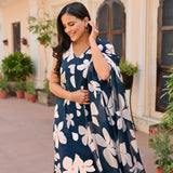 Anni Designer Women'S Rayon Blend Anarkali Printed Kurta With Pant & Dupatta (Gajra Blue_M_Blue_Medium),Blue,M,,,