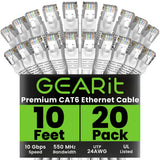 GearIT Cat 6 Ethernet Cable (20-Pack 10 Feet) Cat6 Network Patch, 10Gbps, RJ45, Snagless Cord, Gold-Plated Connectors, Internet
