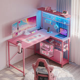 Bestier 42 L Gaming Desk,Computer Desk with Power Outlets, LED Lights, Reversible Corner Desk with 4-Tier Shelves,Cup Holder & H