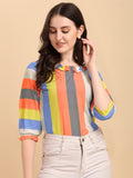 Wedani Women'S Casual Puff Sleeves Ruffled Collor Strip Top (Large Orange),Orange,L,Polyester,Regular,