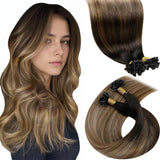LaaVoo K Tip Hair Extensions Real Human Hair Balayage Brown Ktips Hair Extensions Human Hair Ombre Dark Brown to Chestnut Brown