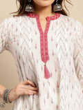 Rangita Women 100% Cotton Off White Contrast Placket Ikat Printed Calf Length Anarkali Kurti