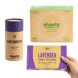 Sheets Laundry Club Bundle - 50 Pack (up to 100 loads) Fresh Linen Detergent Sheets, 40 Pack Lavender Dryer Sheets & 8 Oz. Laven