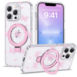 ETPESOK Compatible with iPhone 13 Pro Max Case Clear Pink Butterfly Pattern Design with Magnetic Ring Stand [Compatible with Mag