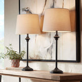 360 Lighting Lynn Modern Industrial Buffet Table Lamps 26 Tall Skinny Set of 2 Dark Bronze Brown Metal Oatmeal Fabric Drum Shade