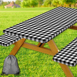 Picnic Table Cover with Bench Covers, Black and White Checkered Waterproof and Windproof, Fitted Tablecloth Cover with Elastic E