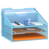 GAWERK Letter Tray Organizer, Mesh Desk File Organizer with 3 Paper Trays and 2 Vertical Upright Section (Blue)