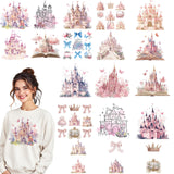 Dazoratix Castle Iron on Transfers - 22 Sheets Cute Pink DTF Ready to Press for T Shirts Bow Heat Patches Stickers Vinyl Decals