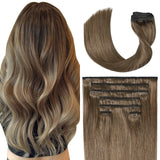 UGOTRAYS Ash Brown Clip in Hair Extensions Real Human Hair, 70G Remy Human Hair Clip in Extensions 15 Inches Soft Silky Straight
