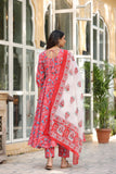 Gosriki Women'S Cotton Blend Anarkali Printed Kurta With Pant & Dupatta (Gym-Red-Bfv-Gs_M_Red_Medium),Red,,B0CPXTVKSF