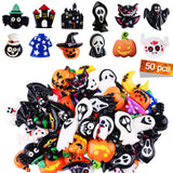 Kalolary 50PCS Halloween Craft Ornaments - Assorted Flatback Embellishments - Pumpkin Ghost Teeth Cat Castle Hat Resin Charms fo