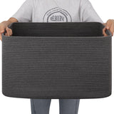 OIAHOMY Large Blanket Basket,Storage Basket with Handle, Blanket Basket for Living Room, Rectangle Woven Cotton Rope Basket for
