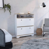 Tuhome Calgary Shoe Rack, Superior Top, One Open Shelf, Two Extendable Shelves -Light Oak/White
