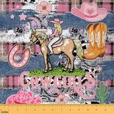 Western Cowgirl Fabric by The Yard,Girly Pink Flowers Hat Material by The Yard,Farmhouse Decor Horseshoe Boots Fabric Panels,Cow