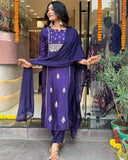 Gosriki Women'S Cotton Blend Embroidered Straight Kurta With Pant & Dupatta (Nepoli Begani-Gs_M_Purple_Medium),Purple,,B0CP2MYSHC