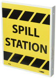 NMC TV20 Flanged Sign, Legend SPILL STATION, 8 Length x 10 Height, Rigid Plastic , Black on Yellow