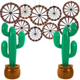 Outus 11 Pcs Western Cowboy Party Decorations Wagon Wheels Paper Fans Inflatable Cactus Prop Wild West Themed Cowboy Ceiling Wal