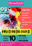 DRAWGUUD A4 Mixed Media Paper 300 GSM Pack of 10 Sheets | 100% Virgin FSC Certified | Heavyweight Art Paper for Watercolor, Acry