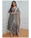 Anni Designer Women'S Cotton Blend Block Printed Straight Kurta With Pant & Dupatta (Nihira Cream_Xl_Black_X-Large),Black,XL,Cotton Blend,Regular,