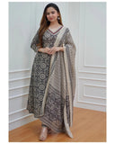 Anni Designer Women'S Cotton Blend Block Printed Straight Kurta With Pant & Dupatta (Nihira Cream_S_Black_Small),Black,S,Cotton Blend,Regular,