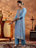 Libas Womens Woven Design Silk Blend Straight Kurta With Palazzos And Dupatta Blue L