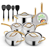 NutriChef 16-Piece Premium Stainless Steel Cookware Set - Tri-Ply Construction, Induction Compatible, Stylish Design with Golden