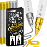 ARTISTRO Gold & Silver Acrylic Paint Pens Dual Tip Marker Brush & Fine Tip Colouring Pens for Calligraphy, Crafts, Greeting