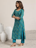 Libas Womens Printed Silk Blend Straight Kurta With Trousers And Dupatta Blue S 400053O