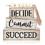 4 Pcs Inspirational Farmhouse Table Decor Rustic Motivational Wooden Stacked Block Decor,Decide Commit Succee Sign with Wood Bea