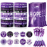 Supervitae 200 Pcs Purple Ribbon Awareness Accessories, Include 50 Purple Ribbon Gift Bags 50 Purple Awareness Wristband 50 Purp