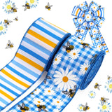 LaRibbons Floral Ribbon Wired 2 Rolls 2.5 Inch x 12 Yards TTL, Blue Daisy Floral and Bee Burlap Ribbon with Plaid and Striped Pr