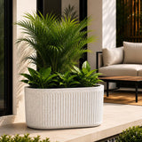 Go Hooked Large Oval Planter Pot (24X12) Inch | Aurelia Modern Ribbed Marble White Texture Finish | Uv & Weather Resistant Decor