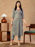 Anni Designer Women'S Cotton Blend Straight Printed Kurta With Pant (Balajyoti Blue_S_Blue_Small),Blue,S,,,