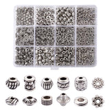 Craftdady 600Pcs Antique Silver Spacer Beads 12 Styles Tibetan Metal Barrel Tube Bicone Flat Round Snowflake Pumpkin Bead Spacer