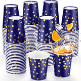 Sieral 100 Pcs Navy Blue Gold Foil Disposable Paper Cups Graduation Polka Dot Shot 9 oz Coffee Drinkware Bulk for Wedding Dinner