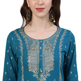 Ishin Women'S Cotton Embroidered A-Line Kurta Suit Set With Dupatta & Sharara Xykplpmmp-3017D_S_Teal