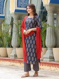 Anni Designer Women'S Cotton Blend Printed Straight Kurta With Pant & Dupatta (Samichi-Blue_S_Blue_Small),Blue,S,,,