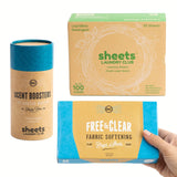 Sheets Laundry Club Bundle - 50 Pack (up to 100 loads) Fresh Linen Detergent Sheets, 40 Pack Free & Clear Dryer Sheets & 8 Oz. U