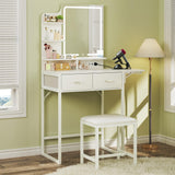 HUAHUU Small Vanity Desk with Mirror and Lights, Makeup Vanity with Fabric Storage Drawer, Chair and Three Shelves, White Vanity