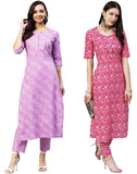 Anni Designer Women'S Cotton Blend Printed Straight Kurta With Pant Pack Of 2 (Combo-Wamurti-Azrak_Multicolor_Small),Multicolour,S