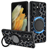 Fiyart Designed for Samsung Galaxy S21 Ultra Case Leopard Ring Holder Kickstand Magnetic Bumper Compatible with MagSafe Camera L