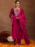 Libas Gerua Womens Yoke Design Silk Blend Straight Kurta With Trousers And Dupatta Pink Xl Gs966