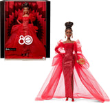 Barbie Signature Doll, Mattel 80th Anniversary Collectible in Glittery Red Tulle Gown with Drop Earrings and Sheer Gloves, Brune