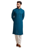Manyavar Blue Viscose Full Sleeve Kurta Set | Traditional Kurta Set For Men (L)